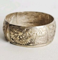 Miao Silver Tone Bangle with repoussé Depicting Birds and Deer In Nature Vintage