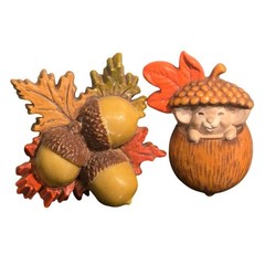 Vintage Hallmark Fall Autumn Brooch set Anthropomorphic Mouse Leaves Acorns 1986
