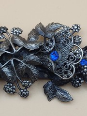 Vintage Brooch Pin Antique Metal Floral Filigree Blue Rhinestones (Czech 1940s?)