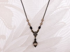 Art Nouveau Necklace Champagne Gold Crystal Pearl Black Bead Victorian Jewelry