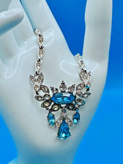 ORA Necklace Vintage 1940’s Blue Rhinestones Silver Tone Collar Length Signed
