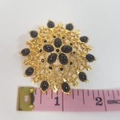 Dome Brooch Gold Tone Filigree Open Work Black Enamel Flower