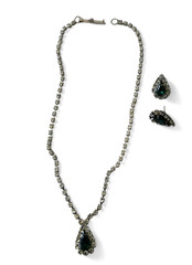 Vintage Rhinestone Choker Neckace/Earrings Set Green Teardrop Silver Tone Bridal