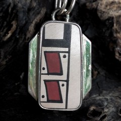 Mata Ortiz pottery shard silver pendant, silver setting on flat neckwire MOATB