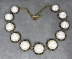 Georgian Riviere Necklace Cultura Faux Pearl Cabochons in Filigree Collets Vtg