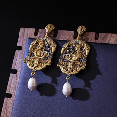 Vintage French Oil Painting Pearl Dangle Drop Earrings Court Gold Statement Gift