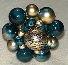 Vintage Hong Kong Cha Cha Cluster Clip Earrings Teal Gold Glass Beads 1960s MCM