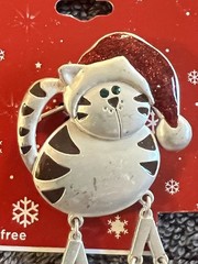 Christmas Silver Cat Brooch with Red Accents! Dangle Legs Santa Hat Nickel Free