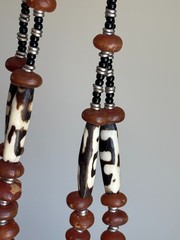 Vintage African Batik Bone Carnelian Trade Bead Multi Strand Necklace Statement