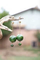 Green Bakelite Dangle Earrings Screwback 12K Gold Filled Marbled Ball Drop 1940s