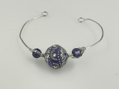 Handcrafted Purple Bead Silver Wire Bangle Bracelet Adjustable