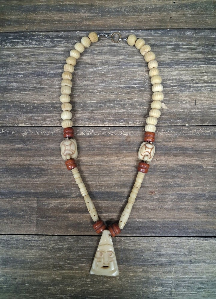 Vintage Tribal Style Necklace Wooden Other Unknown Carved Turtle Ancestral Mask
