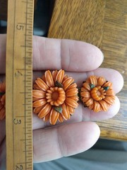 Antique Red / Orange Coral Color Czech Glass Pin / brooch carved chrysanthemum