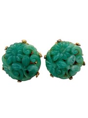 Vintage Peking Glass Earrings Asian Molded Green Faux Jade Flower Floral Round 2