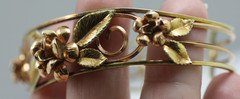 Vintage roses & yellow gold tone/ plate leafy filigree cuff bangle bracelet
