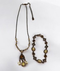 1928 BRAND Amber Glass Pendant Necklace Bracelet Set Faux Pearl Rhinestones VTG