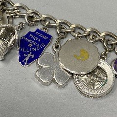 VTG 20 Charm Bracelet Sterling Silver Birthday Natie Cowbell School Hearts 6.5″