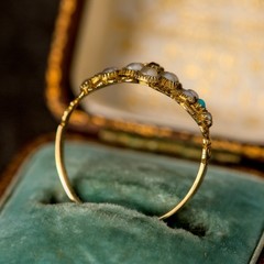 LOVELY SMALLER ANTIQUE GEORGIAN ENGLISH 18K GOLD PEARL TURQUOISE RUBY RING c1820