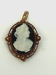 Incredible Antique Hardstone Agate Cameo Brooch Pendant With Pearls 14kt