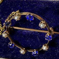 Antique Victorian 14ct Gold Simulated Sapphire&Seed Pearl Brooch w/safety chain