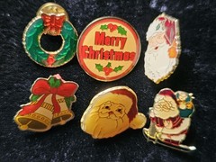 Lot Of 6 Christmas Gold Tone Enamel Holiday Lapel Pins Flat Signed Swib Taiwan