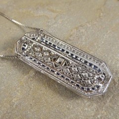 Art Deco Style Lab Created Diamond & Sapphire Wedding 14K White Gold FN Pendant
