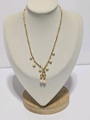 Gold Tone Bar Link & Faux White Pearl Pendant Necklace Vintage 14″