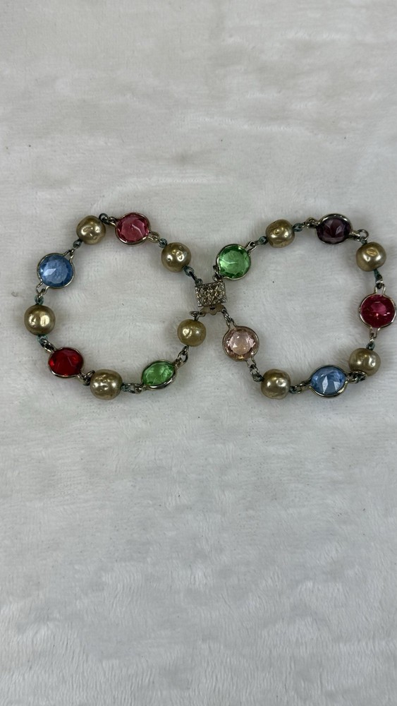 Vintage Multicolor Glass Stone Faux Pearl Bracelet Silver Tone Costume Jewelry