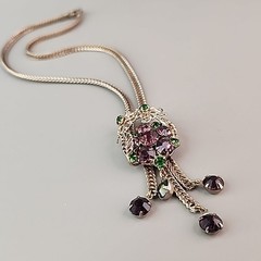 Vintage Rhinestone Necklace Purple Tassel Gold Tone Foxtail 15″