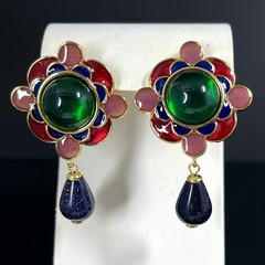 Gripoix Style Flower Earrings Enamel Glass Green Pink Gold Tone Cabochon Pierced