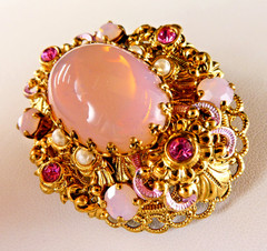 Vintage West Germany Opaline Pink Glass & Rhinestone Filigree Pin Brooch Oval