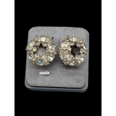 Signed Vintage Warner Clear Rhinestone Wreath Clip On Earrings 1950 Original Box