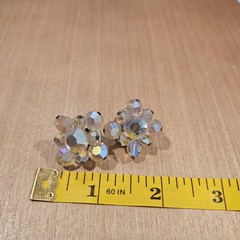 Vintage AB Crystal Flower Cluster Clip Earrings Heavy Glass Aurora Borealis