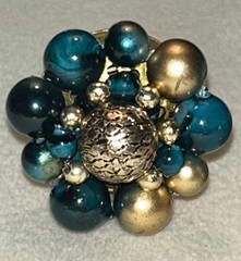 Vintage Hong Kong Cha Cha Cluster Clip Earrings Teal Gold Glass Beads 1960s MCM