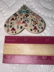 Beautiful Hand Painted Colorful Floral Heart Shaped Brooch Signed THW