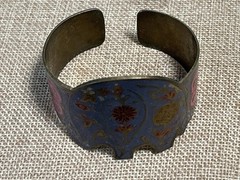 Vintage India Brass Enamel Painted Cuff Bracelet Elephant Floral Boho Blue VTG