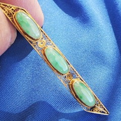 Original EARTH MINED JADE Antique Art Deco Brooch Vintage SOLID 14K GOLD Bar Pin