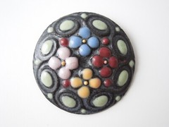 Vintage Brooch Round Enamel Colorful Flowers 7.2 G / Ø 4.1 Cm