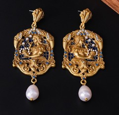 Vintage French Oil Painting Pearl Dangle Drop Earrings Court Gold Statement Gift