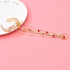 Gold Tone Vintage Cuff Bracelet with Ring Red Beads Chain Bell Gift for Women