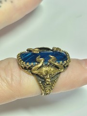 Antique Art Deco Blue Morpho Butterfly Wing Green Man? Pan? Czech? Ring Devil