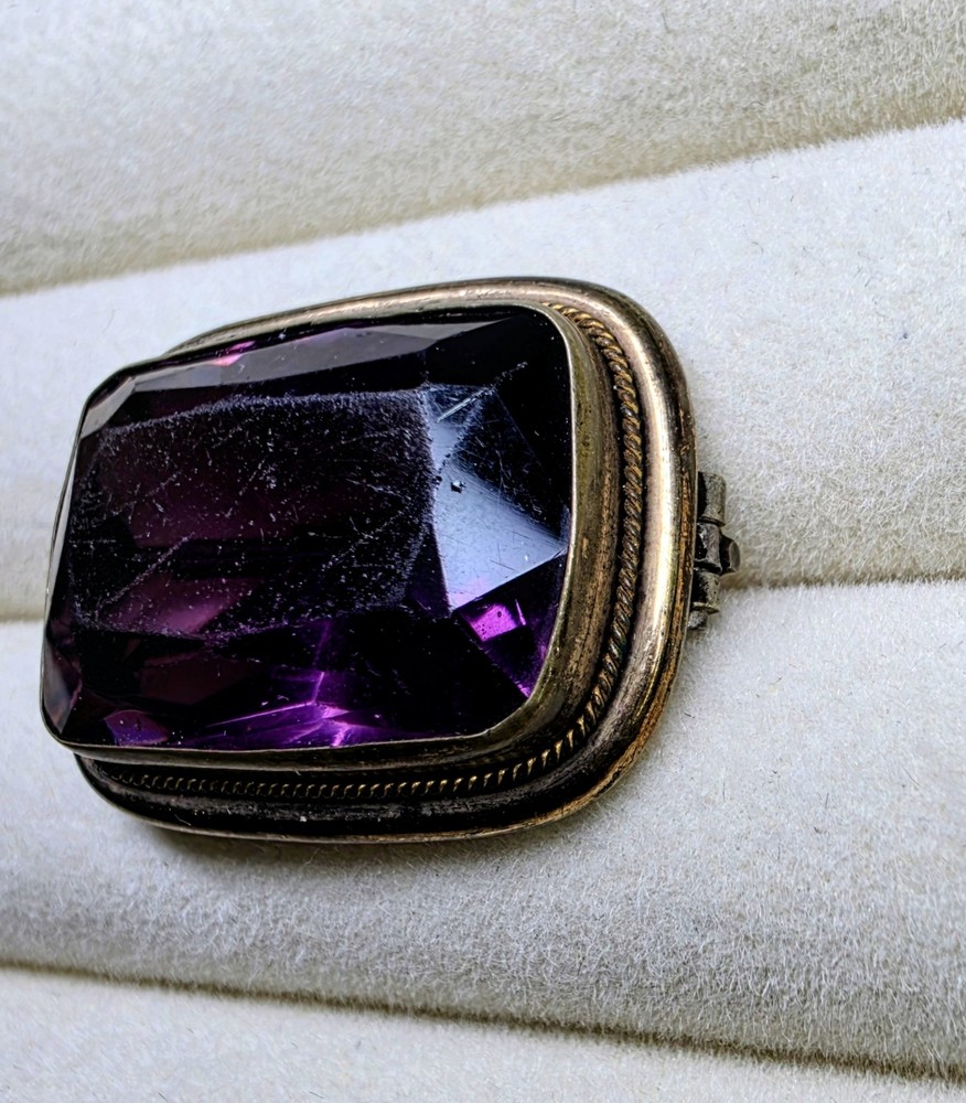 Edwardian Gold Tone Brooch Pin Large Purple Crystal Faceted Statement Estate