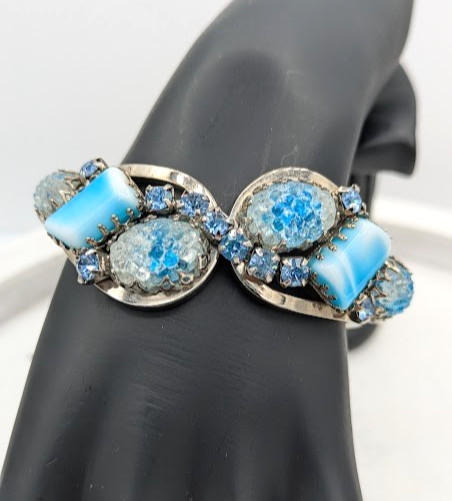 Vintage Rhinestone Clamper Bracelet Crackle Cabochon Blue Glass