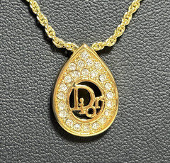 Christian Dior necklace pendant with CD logo rhinestones gold plated teardrop