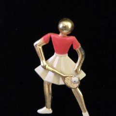 Vintage Gold Tone Enamel Tennis Player Figural Brooch Pin Red White Sports