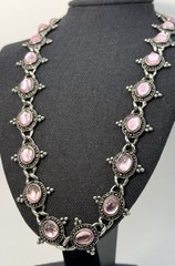Vintage Silver Beaded & Marcasite Collar Necklace, Bezel Set With Pink Cabochons