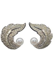 Jomaz Rhinestone Paved Winged Clip On Earrings Faux Pearl Accent Vintage Patent