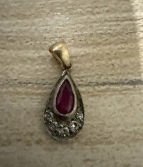 Antique Old Mine Rose Cut Diamond 14K Gold and Silver pendant Ruby Center Stone