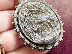 Antique English Victorian Sterling Silver Locket Pendant with Bird Cattails