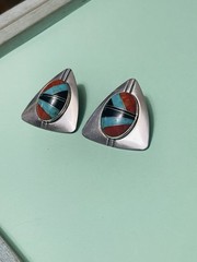 N/A? Zuni Style Mosiac Sterling Silver Earrings Clip-on Large Vintage/Retro 20g